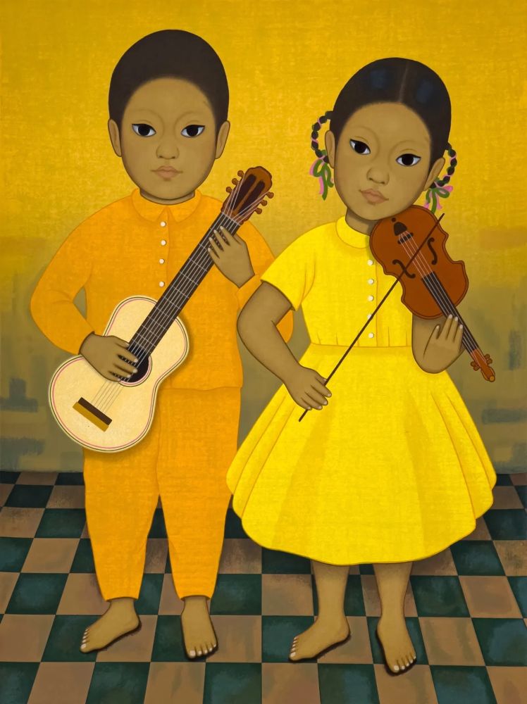 Sérigraphie Montoya - Músicos, Chica y nino sosteniendo instrumentos de cuerda