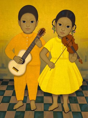 Sérigraphie Montoya - Músicos, Chica y nino sosteniendo instrumentos de cuerda