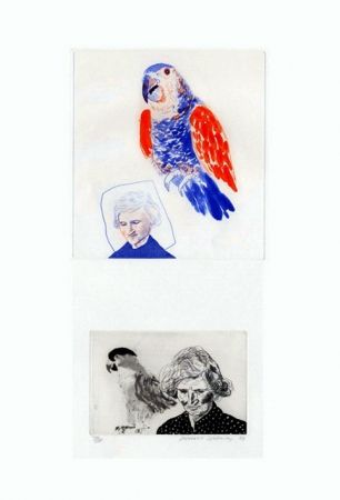 Gravure Hockney - My mother with a parrot