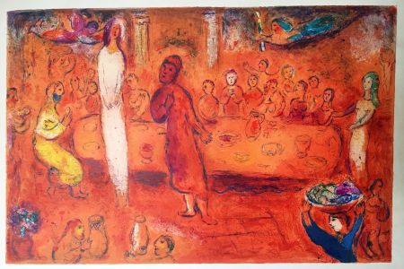 Lithographie Chagall - MÉGACLÈS RECONNAIT SA FILLE PENDANT LE FESTIN  (Daphnis & Chloé - 1961)