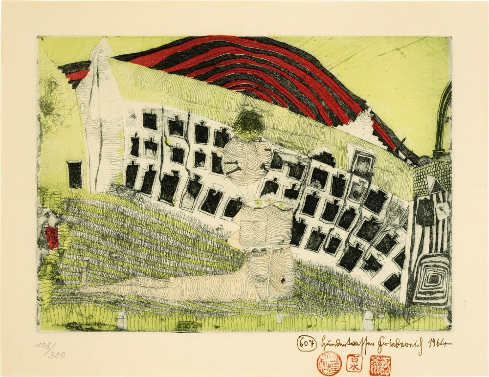 Lithographie Hundertwasser - Mädchenfund im Gras (Girl found in the Grass)