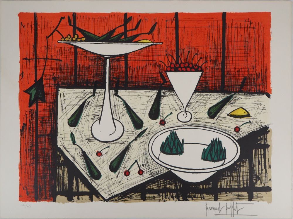 Lithographie Buffet - Nature morte au fond rouge