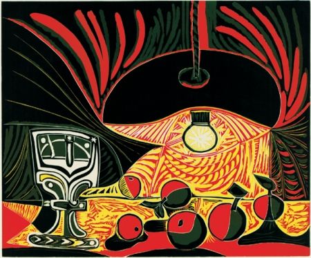 Linogravure Picasso - Nature morte au verre sous la lampe