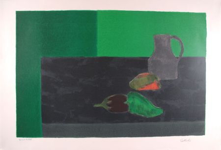 Lithographie Cathelin - Nature morte noire et verte aux poivrons - Still Life in black and green with peppers