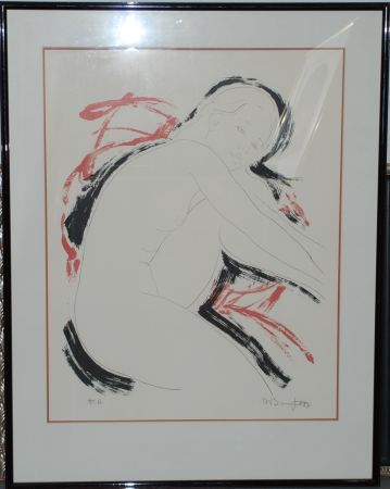 Lithographie Bonnefoit - Nu allongé noir et rouge IV