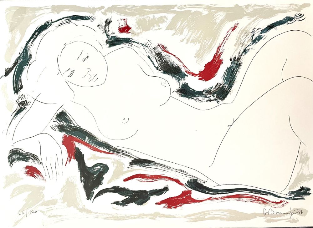 Lithographie Bonnefoit - Nu allongé sur fond noir et rouge