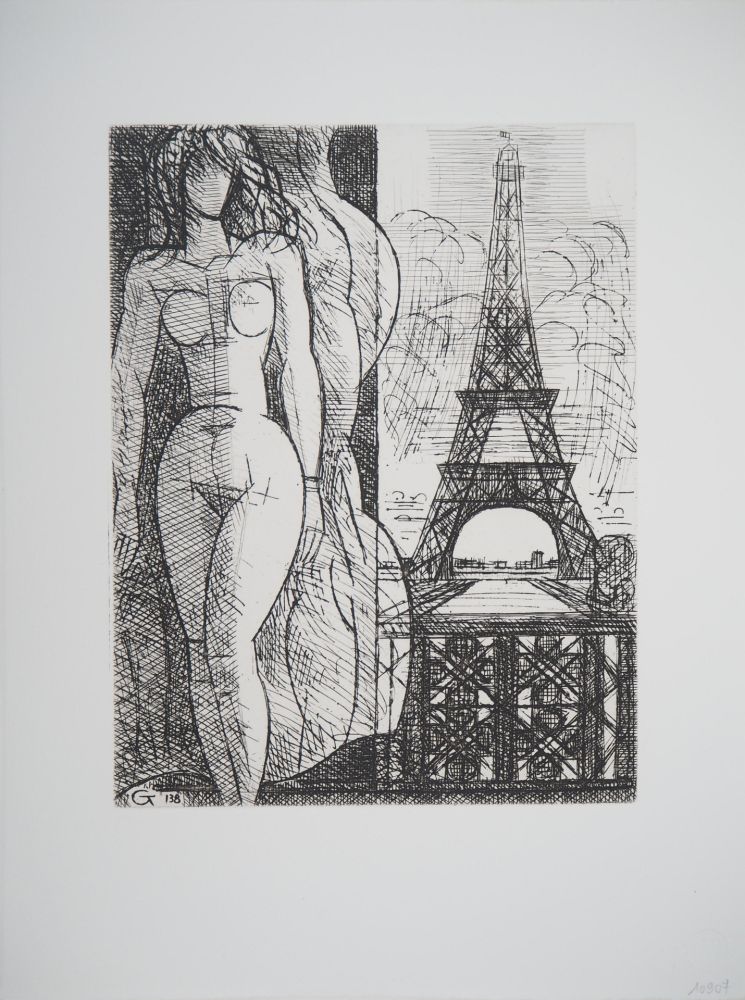 Gravure Gromaire - Nu à la Tour Eiffel