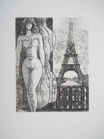 Gravure Gromaire - Nu à la Tour Eiffel