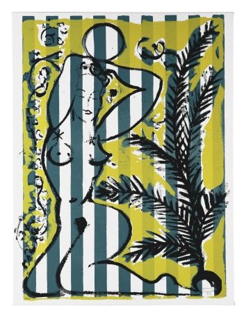 Sérigraphie Szczesny - Nude with Palms on Green Stripes