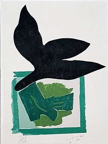 Gravure Sur Bois Braque - Oiseau noir sur fond vert