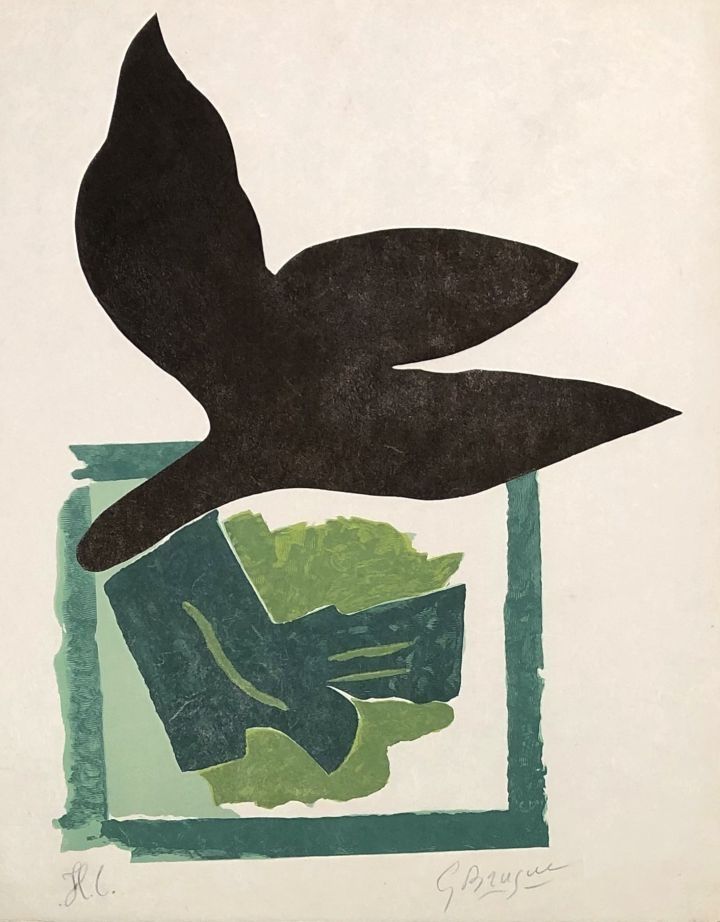 Gravure Sur Bois Braque - Oiseau noir sur fond vert