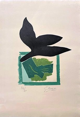 Gravure Sur Bois Braque - Oiseau noir sur fond vert