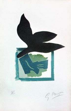 Gravure Sur Bois Braque - Oiseau noir sur fond vert