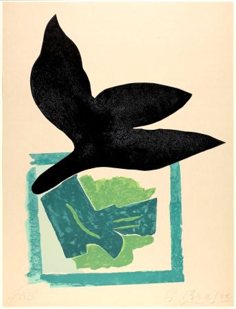 Gravure Sur Bois Braque - Oiseau noir sur fond vert 