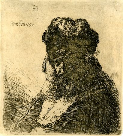 Gravure Rembrandt - 	Old Bearded Man in a High Fur Cap, with Eyes Closed, c. 1635