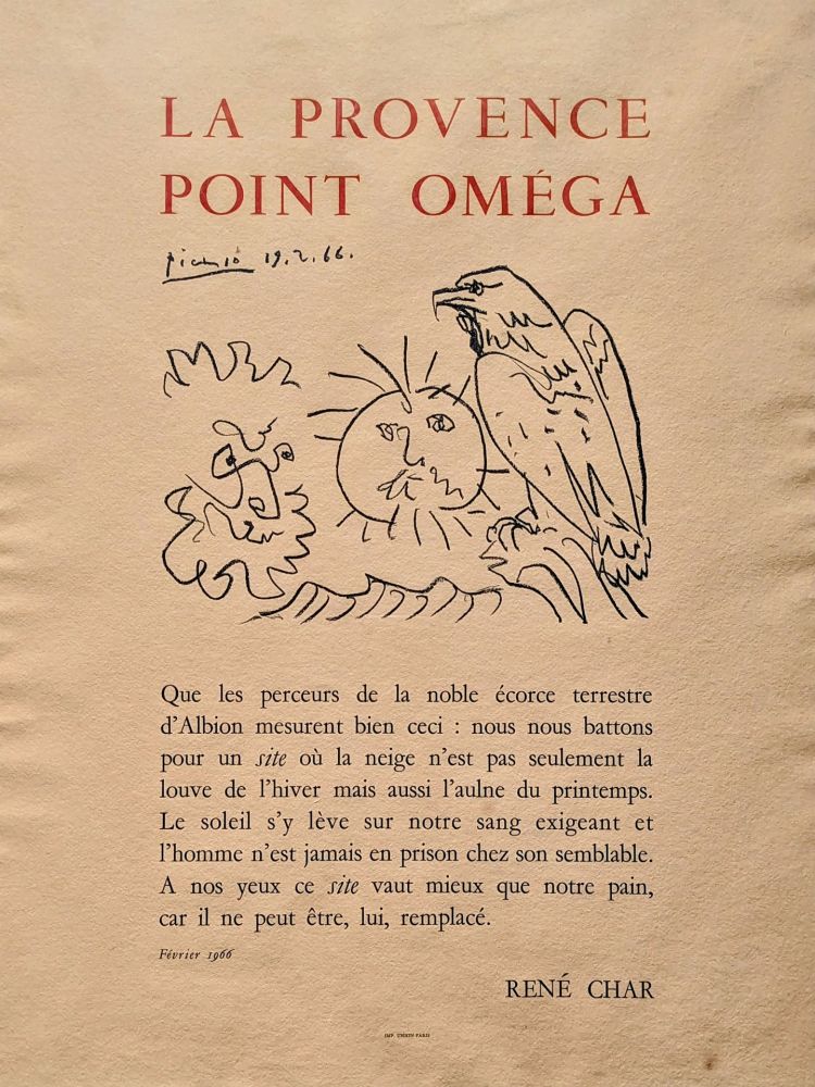 Lithographie Picasso - Pablo PICASSO (1881-1973), La Provence point Oméga, Lithograph, 1966