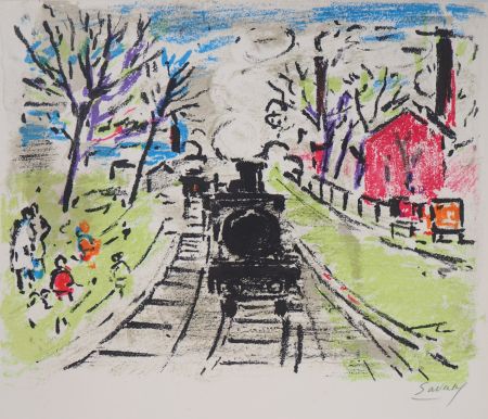 Lithographie Savary - Paris, Le petit train de Banlieue