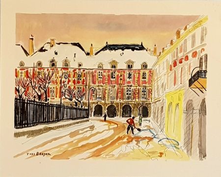 Lithographie Brayer - Paris  Place des Vosges sous la Neige