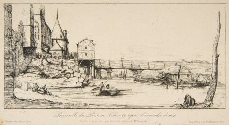 Gravure Meryon - Passerelle du Pont-au-Change, Paris, après l'incendie de 1621