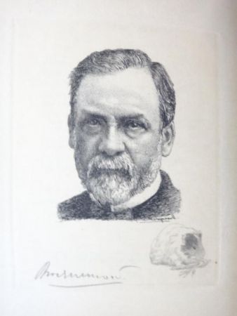 Gravure Bracquemond - Pasteur et les pastoriens.  Avec un portrait à l'eau-forte par Bracquemond