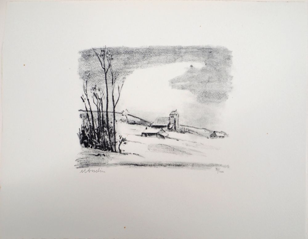 Lithographie Asselin - Paysage : campagne parisienne enneigée