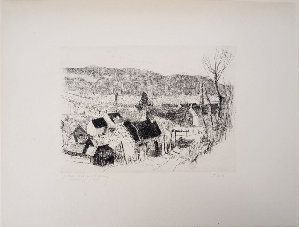 Gravure Clairin - Paysage de campagne, village de Saint-Loup