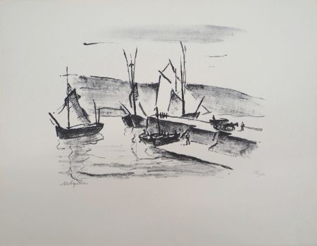 Lithographie Asselin - Paysage du Finistère : la jetée à Concarneau