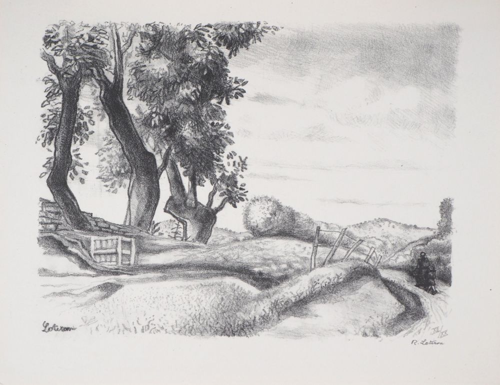 Lithographie Lotiron - Paysage en Corrèze (Le Perrier)