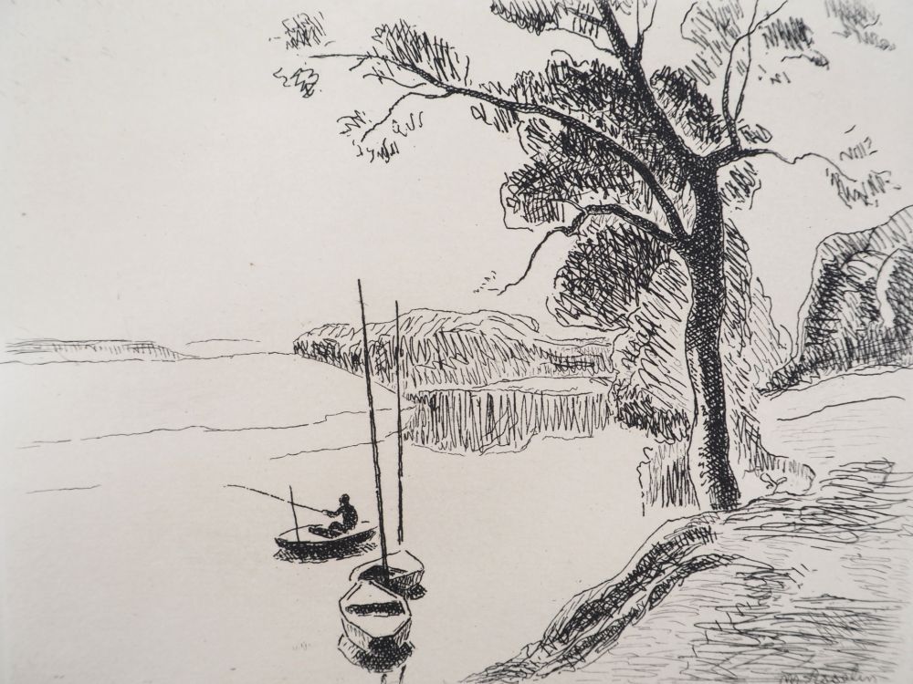 Gravure Asselin - Paysage: la Seine au bois de Boulogne