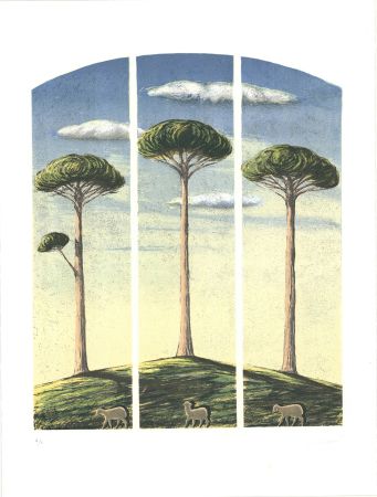 Lithographie Lazzeri - Pecore al albero