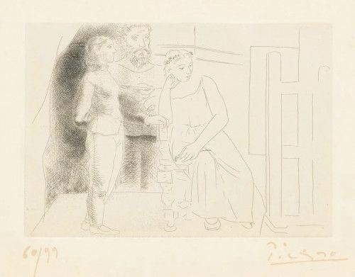 Gravure Picasso - Peintre Avec Deux Modeles Regardant une Toile