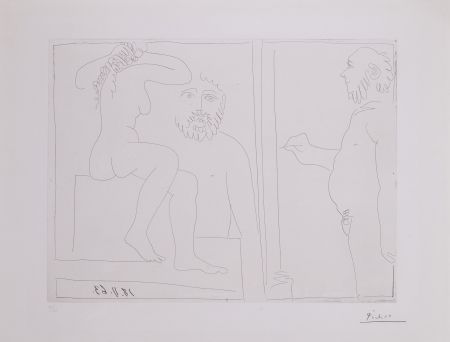 Gravure Picasso - Peintre et modele de dos, avec un spectateur