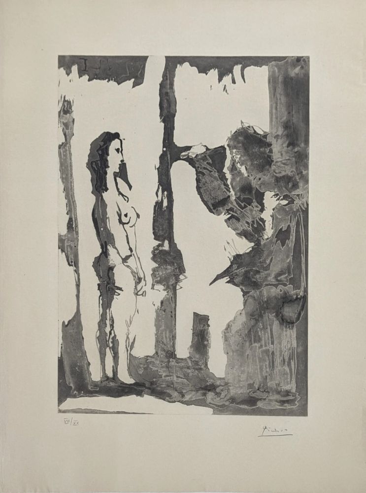Aquatinte Picasso - Peintre et modèle aux cheveux longs 