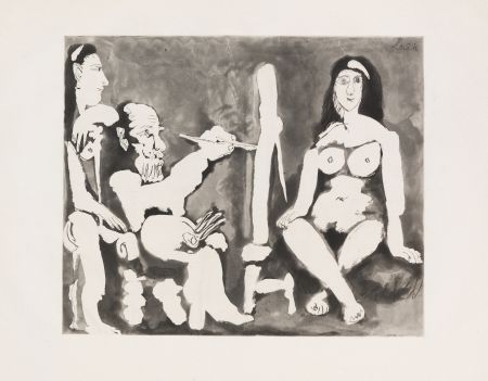 Aquatinte Picasso - Peintre et Modèle avec une Spectatrice au Bandeau