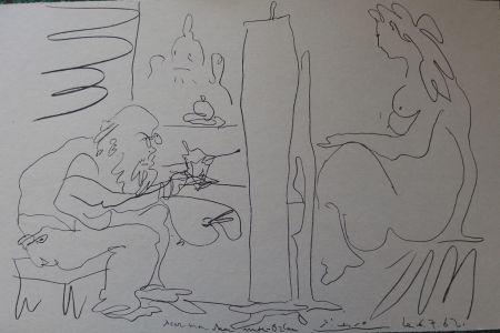 Lithographie Picasso - Peintre et modèle dans l'atelier