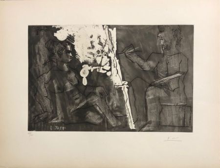 Aquatinte Picasso - Peintre à son chevalet, avec un modèle assis 