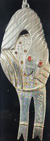 Aucune Technique Corneille - Pendentif L'Oiseau - Serpent  - Bijou d'artiste en Argent, pierres de couleurs et filets d'or. Pièce Unique