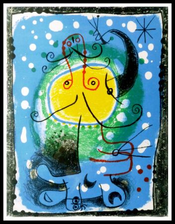 Lithographie Miró - PERSONNAGE SUR FOND BLEU