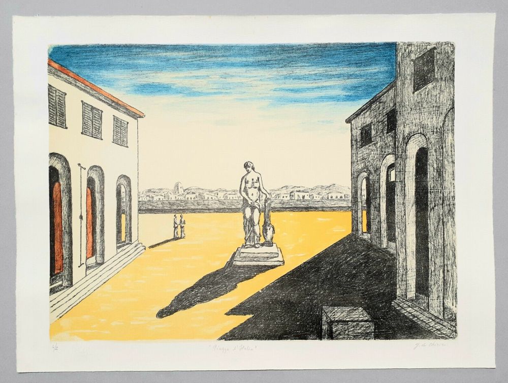 Lithographie De Chirico - Piazza d'Italia con efebo