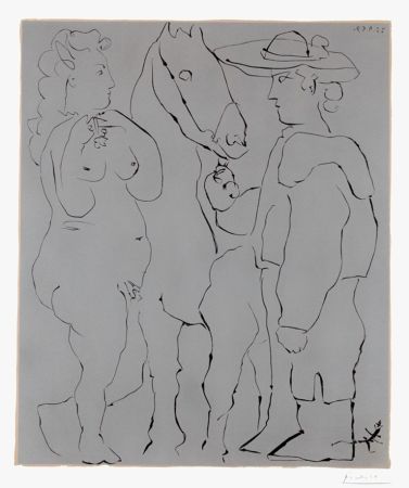 Linogravure Picasso - Picador Debout avec son Cheval et une Femme (Picador, Woman and Horse)