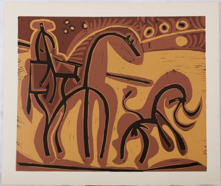 Linogravure Picasso - Picador et taureau