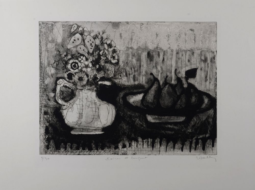 Gravure Anonyme - Poires et bouquet, c.1960