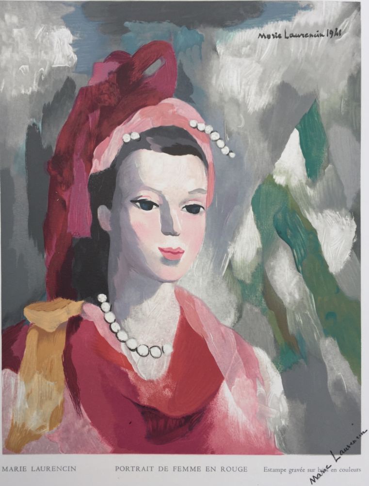 Gravure Sur Bois Laurencin - Portrait de Femme en rouge