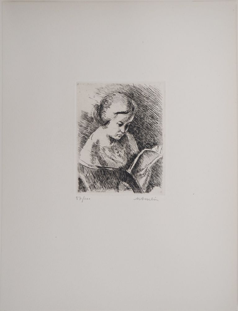 Gravure Asselin - Portrait, Jeune fille lisant