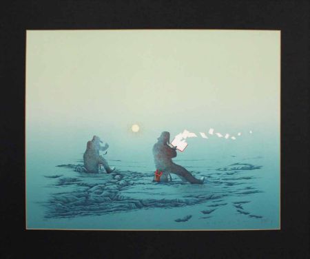 Lithographie Fanti - Poèmes inutiles (Lecteur de poésie dans la neige)