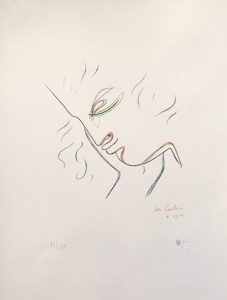 Lithographie Cocteau - Profile in Red, Green, and Blue