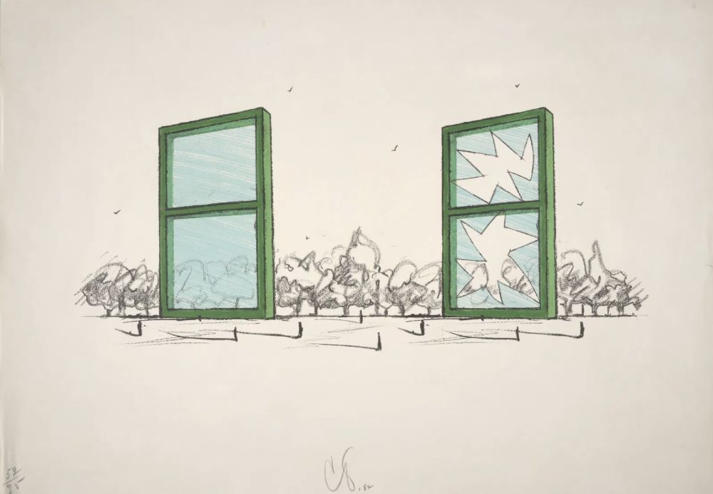 Lithographie Oldenburg - Proposal For A Civic Monument In The Form Of Two Windows