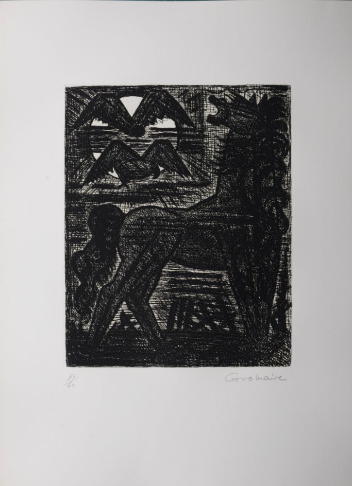 Eau-Forte Gromaire - Présages, cheval noir et oiseaux de nuit, 1958