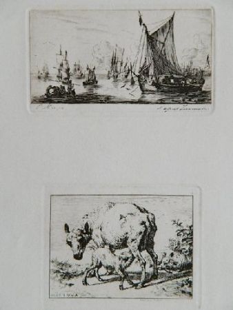 Gravure Meryon - Pêcheurs de la mer du sud (after Zeeman) [with] La brebis et les deux agneaux (after Van de Velde)