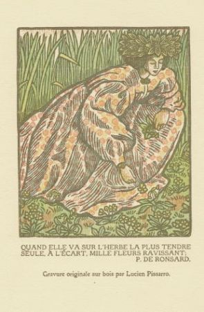 Gravure Sur Bois Pissarro - Quand elle va sur l'herbe... / Girl Picking Flowers